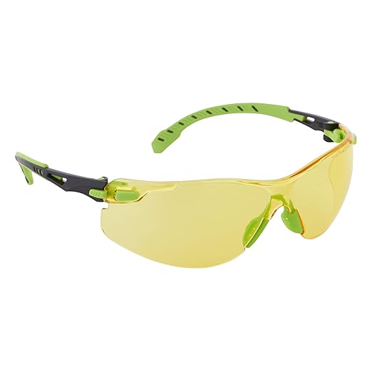 3M Safety Glasses, Solus 1000 Series, ANSI Z87, Scotchgard Anti-Fog, Amber Lens, Green/Black Frame