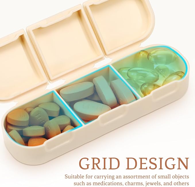 Baluue Mini Pill Organizer Travel Case with Removable Dividers Portable Weekly Medication Storage Box Compact Sealed Design for Daily Pills Vitamins and Fish Oils