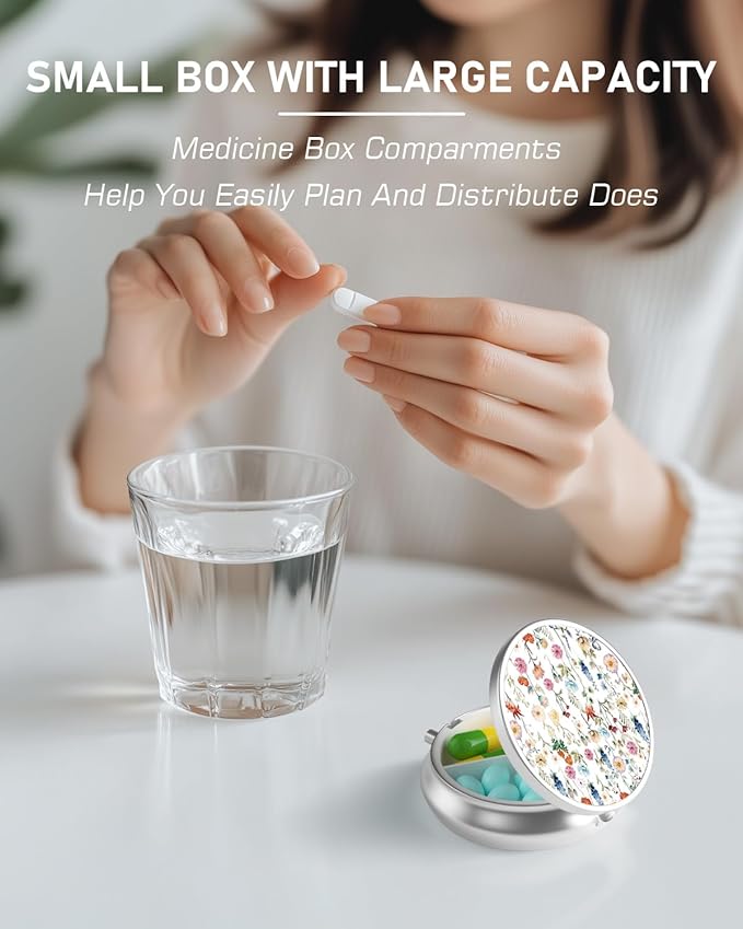 Pill Box, 3 Compartment Portable Travel Medicine Box with Mirror, Compact and Cute, Fits in Purse and Pocket, Medicine and Vitamin Organizer (Little Flower)