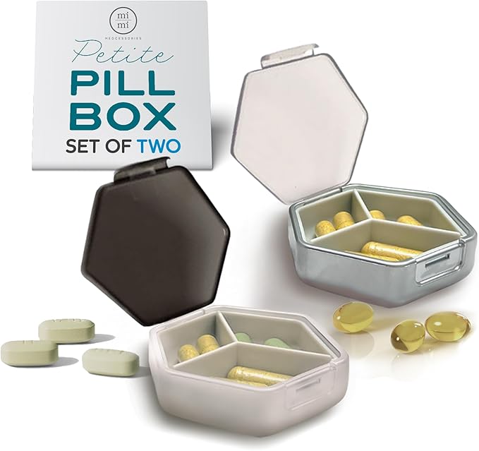 Petite Pill Box Set - Stylish Compact Daily Pill Organizer, Medication Pill Case, Pill Container for Vitamin Management, Travel Essentials for Women/Men - Set of 2, Blanc & Platinum