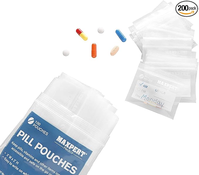 Pill Pouches, Plastic Pill Bags (Pack of 200) – Pocket Travel Pill Baggies – Resealable Zipper Pill Organizer Pouch Bags – 3” x 2” – Daily Medicine Storage Pouches – Clear w/Write on Label