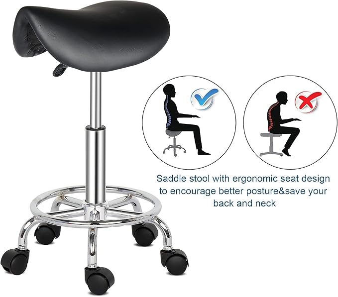 Modern Rolling Saddle Seat Stool Chair,PU Leather Swivel Adjustable Rolling Stools,Ergonomic Swivel Salon Spa Barstools,Office Drafting Chairs,with Wheels,for Home, Kitchen, Medical, Lab (Black)