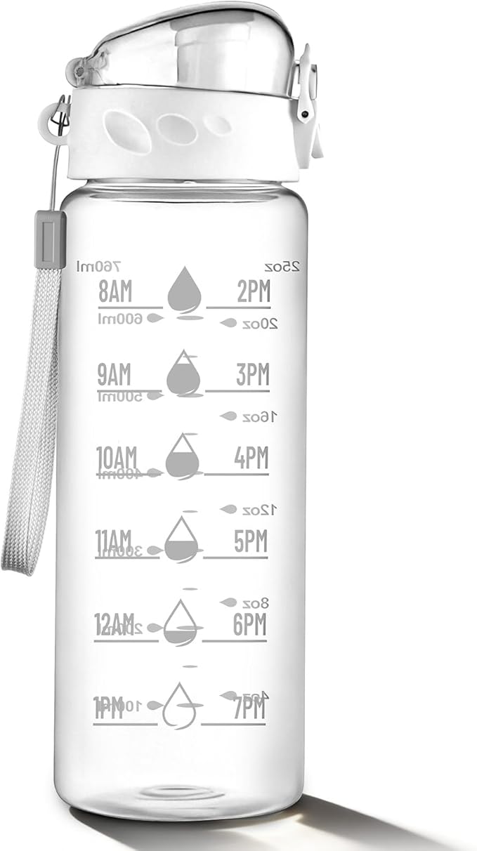 Clear Water Bottle, Wide Mouth Leakproof Water Bottle with Time Marker, 26OZ Plastic Water Bottles, Lightweight for Sports, Travel, White