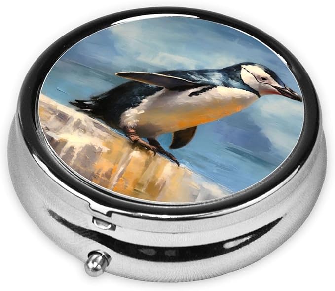 Watercolor Penguin Cliff Pill Box 3 Compartment Pill Case, Portable Medicine Pill Organizer for Pocket Purse Pill Box Decorative Metal Medicine Vitamin Organizer