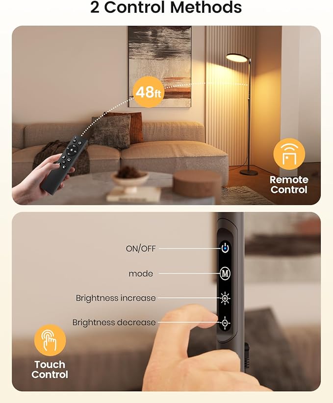 Light Floor Lamp 12000 Lux – UV-Free Full Spectrum LED Floor Lamp with 10 Brightness Levels, 5 Color Modes, 2 Setup Options, Adjustable Height, Remote & Timer for Reading, Bedroom, Office (Black)