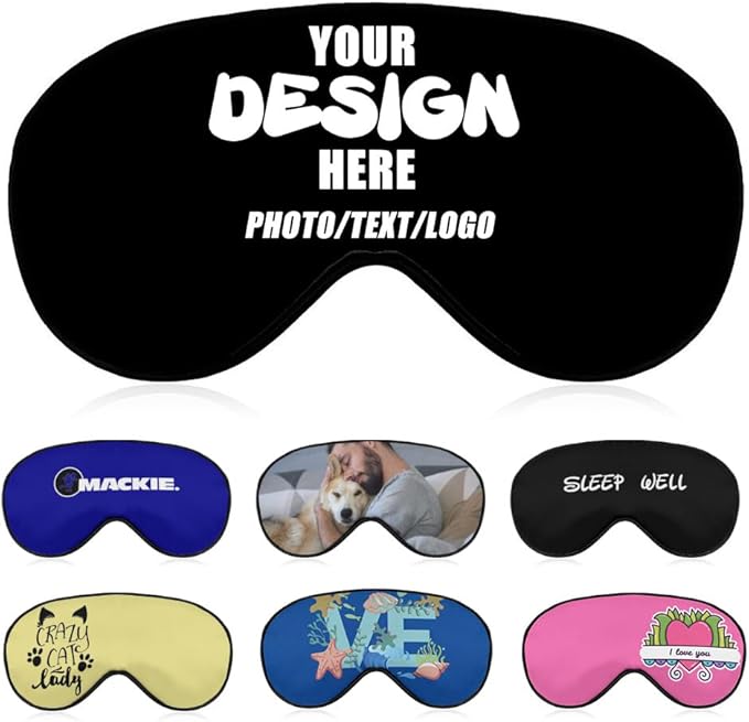 Custom Sleep Mask with Photo Text Logo, Customized Eye Mask for Men Women Kids Pressure-Free Comfy Adjustable Silky Skin-friendly, Non-allergic Eye Cover Custom,#Black