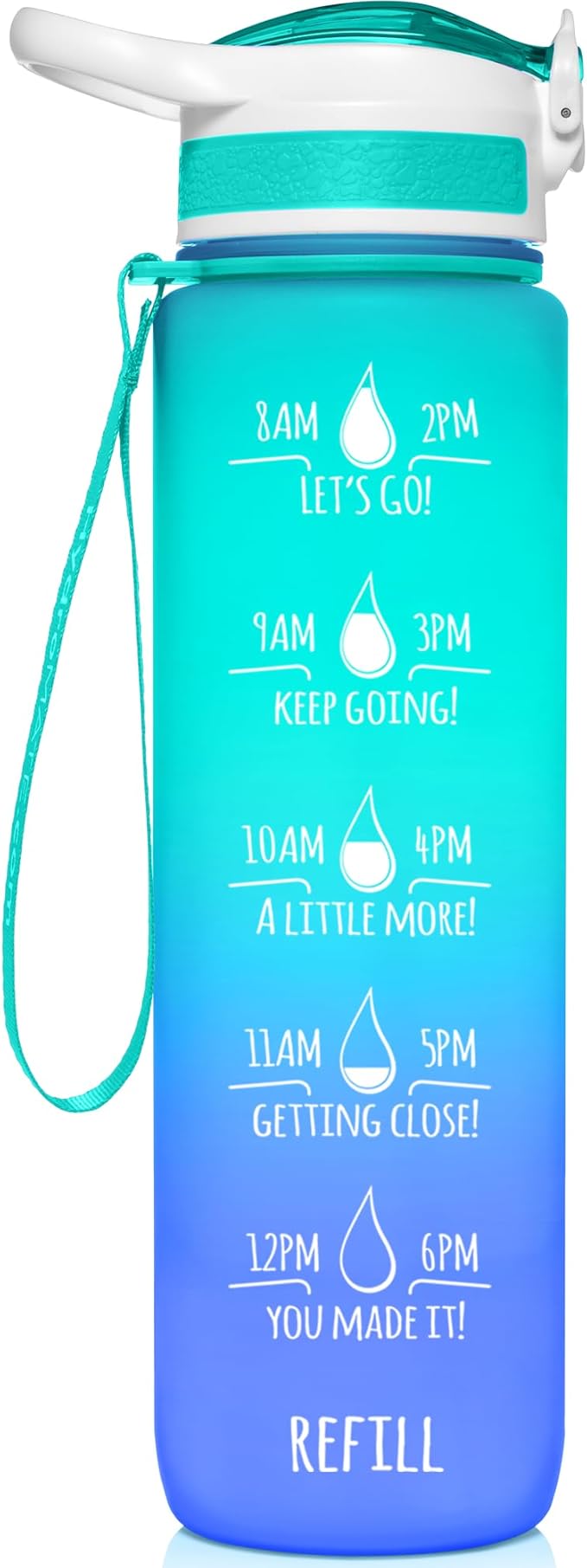 NatureWorks HydroMATE 32 oz Water Bottle with Time Markings Hourly BPA Free Reusable Leak Proof with Straw and Carrying Strap 1 Liter