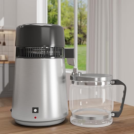4L Countertop Stainless Steel Distilled Water Purifier, Distilled Water Making Machine with Glass Container, Ideal for Household, Workplace, Lab, and Aquarium Usage-Silver