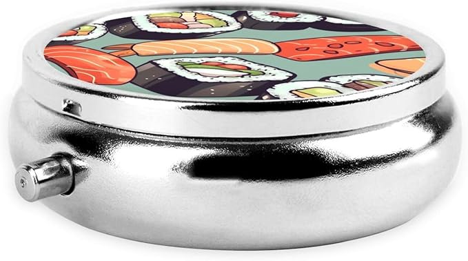 Pill Box 3 Compartment Medicine Pill Organizer Sushi Round Pill Case for Purse & Pocket Travel Pillbox Portable Metal Medicine Vitamin Fish Oil Organizer Unique Gift