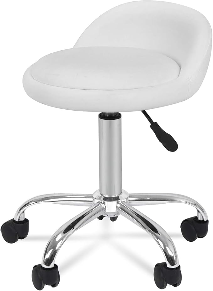 LEMY Rolling Stool Height Adjustable with Back, Swivel Spa Salon Work Office Stools, Task Chair with Wheels, White