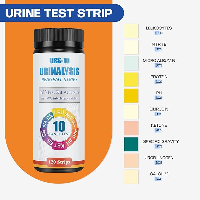 Urinalysis Test Strips - 120 CT | 10-in-1 Comprehensive Urinalysis for Microalbumin, Calcium, PRO, URO, NIT, LEU, SG, BIL, KET, pH | Home Urine Test Strips for Urinary Tract Infections