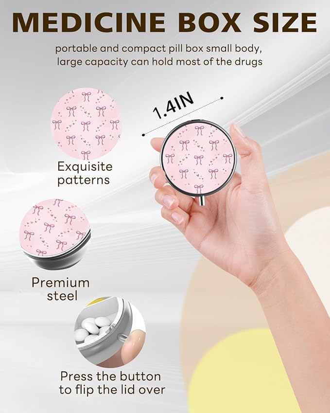 LRITER Pill Case, Portable Travel Pill Box, Pillbox Organizer, Cute Small Medicine Storage Container, Purse Accessories for Women, Men (Ribbon Bow)
