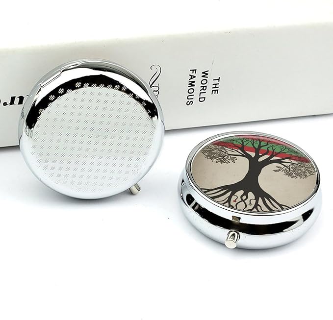 Tree of Life Palestinian Flag Pill Box Travel Pill Case for Purse Pocket Weekly Medicine Organizer with Mirror 3 Compartment Round Medicine Case Portable PillcaseHolder for Daily