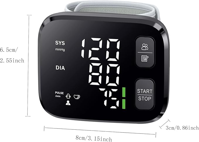 Blood Pressure Monitor LED Backlit Display Automatic Wrist Cuff Blood Pressure Monitors for Home Use 120x2 Reading Memory with Carrying Case, Black