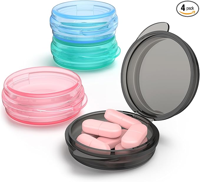 Small Pill Box, (4 Pack) Travel Pill Case Portable Daily Pill Organizer Mini Medicine Storage Container for Pocket Purse Cod Liver Oil Storage Box Earplug Case