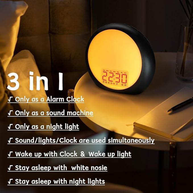 Sunrise Alarm Clock Wake Up Light for Kids Heavy Sleepers Bedroom with Sunrise Sunset Simulation Sleep Aid Dual Alarms Snooze Nightlight Brown Noise sound machine with 25 Nature sounds for Sleeping