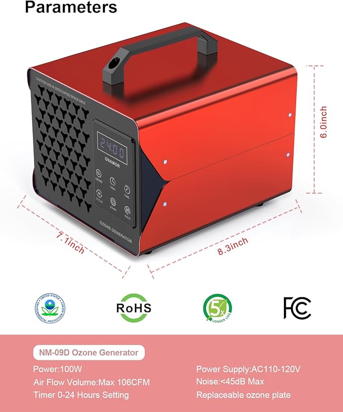 ONAMOR Digital Ozone Generator Odor Eliminator 180,000mg, High Capacity Ozone Machine Odor Removal Up to 8,000 Sq.Ft, Ozone Odor Eliminator, Ionizer Ozonator for Home, Car, Smoke, Pet Room (Red)