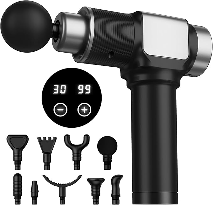 JQX Massage Gun, Deep Tissue Massager Gun for Pain Relief, Percussion Muscle Massage Gun for Athelets, Handheld Electric Back Massager with 30 Speed Levels & 9 Massage Heads