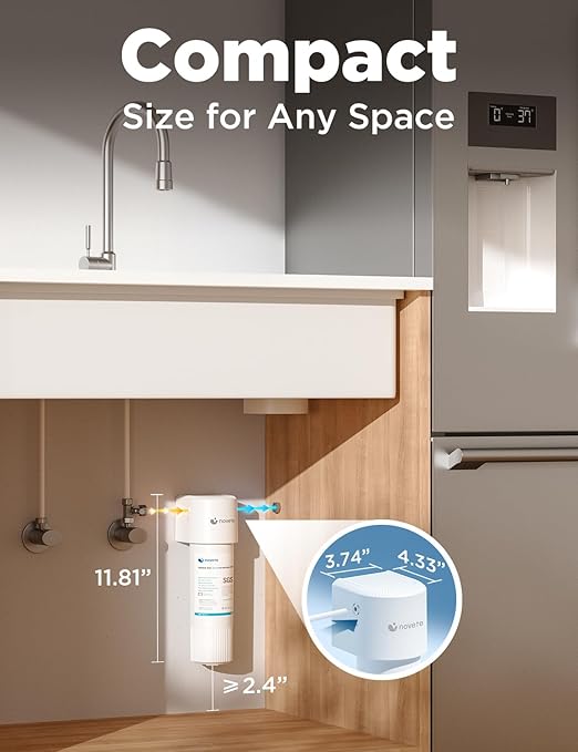 NOVETE Under Sink Water Filter, 3 Years, 30,000 Gallons, Reduce 99.5% Chlorine, PFAS, Bad Taste, NSF/ANSI 42/372, Inline Water Filtration System 1/4" Connect, USA Tech, Do Not Reduce TDS, UWF0A_RPC