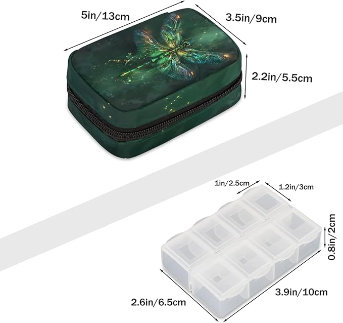 Green Dragonfly Beautiful Pill Case Travel Pill Organizer Weekly 7 Day Portable with Zipper Medicine Box Pill Case for Vitamins, Birth Control,Fish Oils,Medication, Supplements