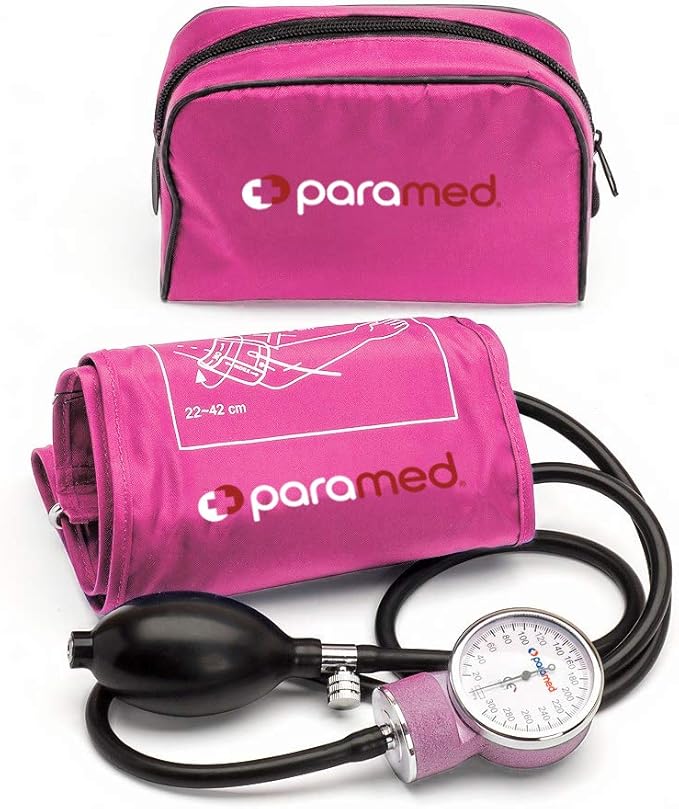 PARAMED Aneroid Sphygmomanometer – Manual Blood Pressure Cuff with Universal Cuff 8.7-16.5" and D-Ring – Carrying Case in the kit – Pink – Stethoscope Not Included