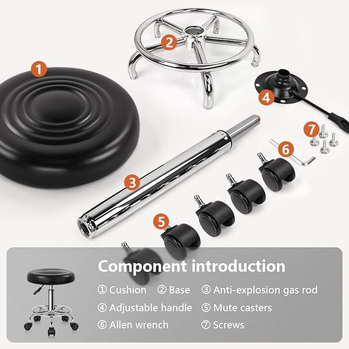 KKTONER PU Leather Modern Round Rolling Stool with Footrest Height Adjustable Spa Drafting Salon Tattoo Work Massage Stools Task Chair Small (Black)