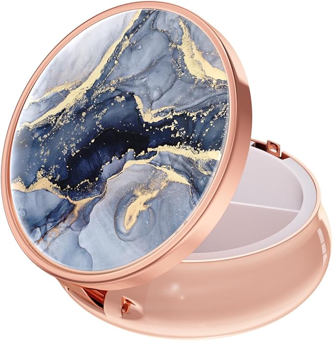 Rouidr Pill Box, 3 Compartment Medicine Pill Case, Small Metal Travel Medicine Box for Purse & Pocket, Rose Gold, Dark Grey Marble