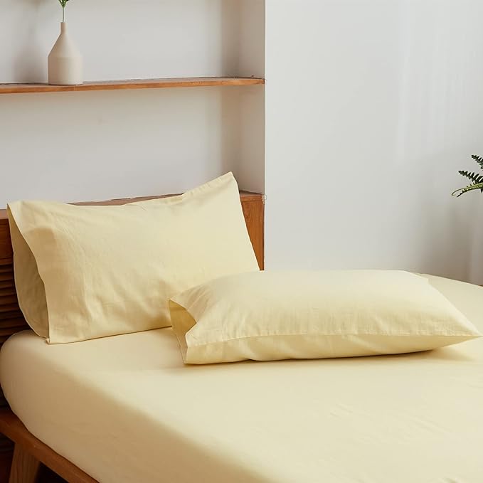 Simple&Opulence Belgian Linen Sheet Set Solid Color - 3 Pieces (1 Flat Sheet, 1 Fitted Sheet & 1 Pillowcase) Natural Flax Cotton Blend Soft Breathable Farmhouse Bedding - Twin Size, Pale Yellow