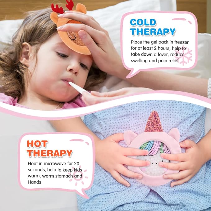 Hilph Kids Ice Packs for Boo Boos, Reusable Gel Cold Packs for Toddlers Injuries, 3 Pcs Hot & Cold Compress with Cute Plush Sleeves for Pain Relief, Fever, Wisdom Teeth, First Aid, Bumps (Unicorn)