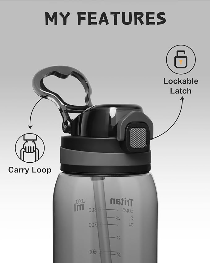 Opard Peak 1000 ml/34 oz Water Bottle with Straw Cap, BPA-Free, Leak Proof Flip Top Bottle