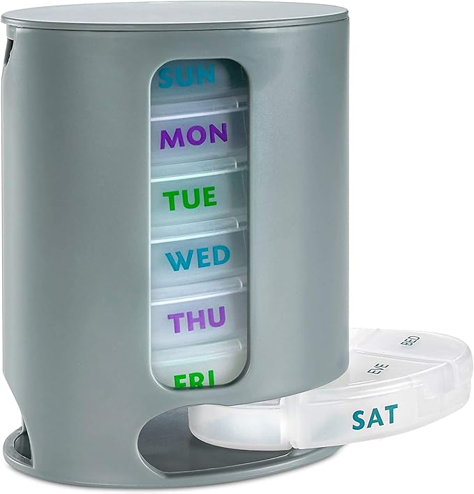 Weekly Pill Organizers with Pill Cutter Splitter (Pack of 2) 4 Times a Day Weekly Medication Dispenser Reminder, 7-Day Stackable Compartments - Morning, Noon, Evening, and Bedtime, Grey