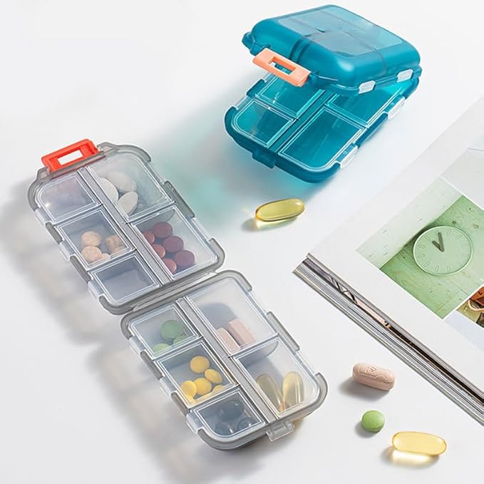 Daily Travel Pill Case Organizer, Small 10 Compartments Medicine Box Dispenser, Compact Purse Portable Pill Reminder Perfect for On-The-Go Storage Vitamin, Fish Oil, Calcium Tablet, Green