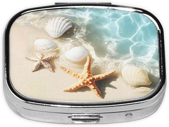 Starfish Beach Seashells Pill Box with Mirror 2 Compartment Metal Square Small Pill Case for Purse or Pocket Portable Pill Container Holder Travel Medicine Organizer for Vitamin Fish Oil Supplement