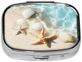 Starfish Beach Seashells Pill Box with Mirror 2 Compartment Metal Square Small Pill Case for Purse or Pocket Portable Pill Container Holder Travel Medicine Organizer for Vitamin Fish Oil Supplement