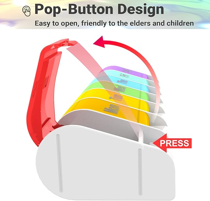 Weekly Pill Organizer 1 Time a Day - 7 Day Pill Box, Pill Holder with Easy Open Button, Daily Pill Cases Organizer, BPA Free Pill Container for Vitamin, Fish Oil (Multi-Color, 2-Pack)