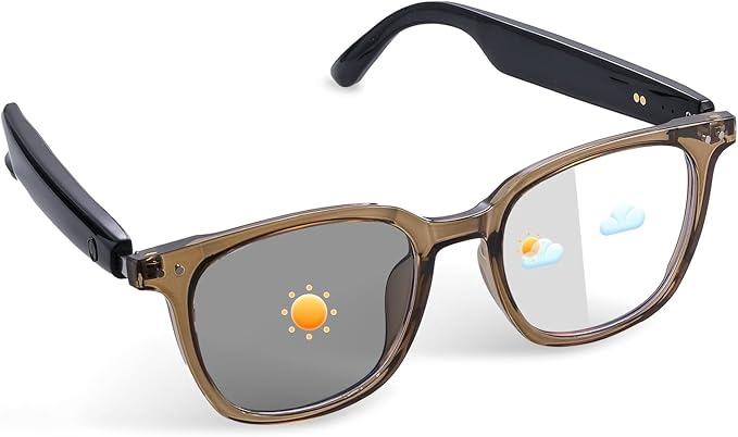 Smart Glasses with Bluetooth, Photochromic Lenses, Open-Ear Speakers Blue Light Glasses, Hands-Free Calls & Music, 4–6H Battery, Wearable Tech Bluetooth Glasses for Work, Walk & Travel (Brown)