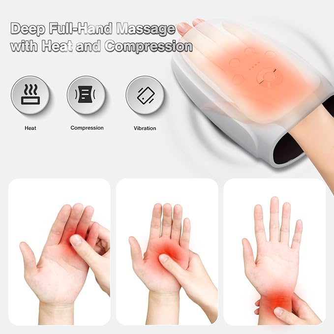 Hand Massager with Heat and Compression, Cordless Hand and Wrist Massager for Arthritis and Carpal Tunnel, Rechargeable, Gifts for Women Men, White