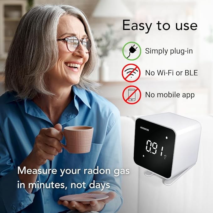 Ecosense EB100 EcoBlu, Home Radon Detector, Capture & Display Results Every 10 Minutes, Short & Long-Term Continuous Monitoring, Easy to Use