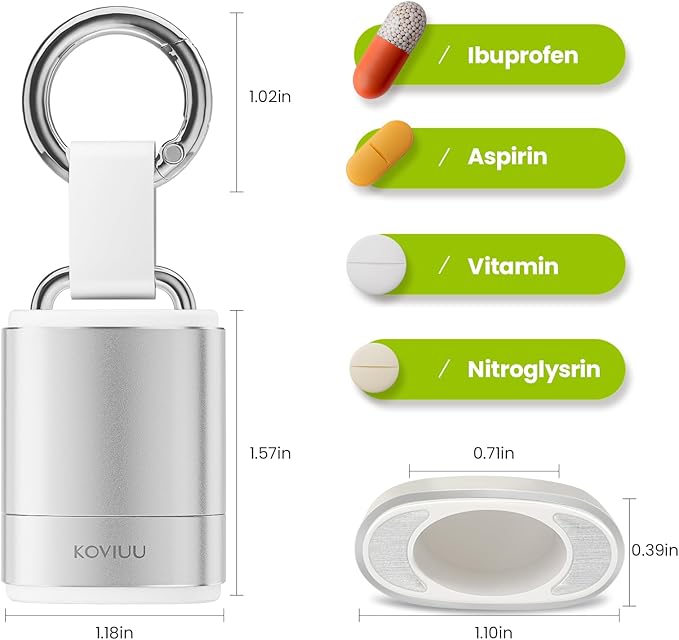 Keychain Pill Holder Necklace, KOVIUU Magnetic Pill Organizer, Aluminum Pill Case, Mini Metal Pill Box, Nitroglycerin Emergency Medicine Carrier Key Chain Container for Purse Pocket, Silver