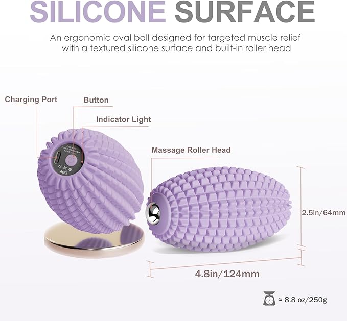 Vibrating Massage Ball for Muscle Recovery, Silicone Myofascial Massage Ball, Plantar Fasciitis Relief,Hip & Psoas Release, Deep Tissue & Trigger Point Roller for Neck, Back, Foot (Purple)