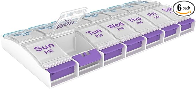 EZY DOSE Push Button Weekly (7-Day) Pill Case, Medicine Planner, Vitamin Organizer Box, 2 Times a Day, AM/PM, Large Compartments, Arthritis Friendly, Clear Lids, BPA Free, Pack of 6