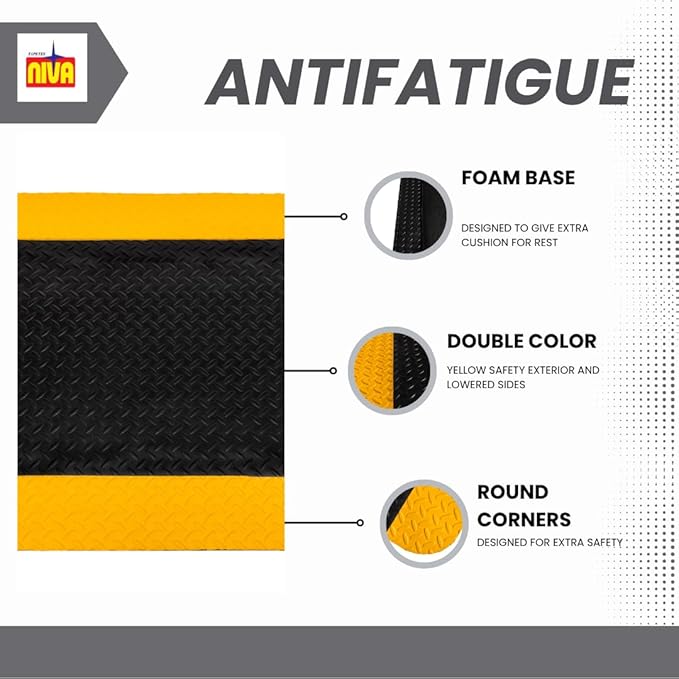 Tapetes Niva® Anti Fatigue Mat, Diamond Plate Finish, Foam Interior. for Kitchen, Garage, Industry, or Harsh use, Industrial Grade. (Yellow Stripes, 36" L x 24" W x 0,82" Th)