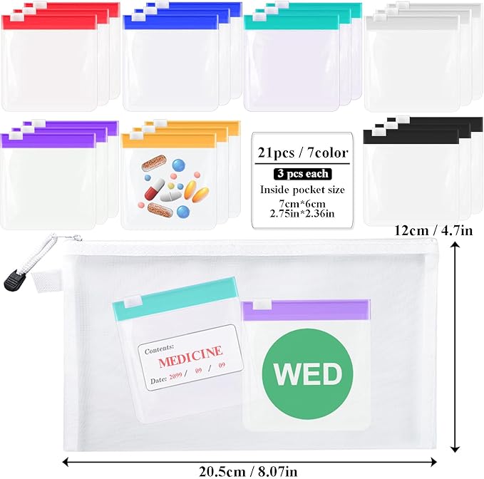 30 pcs Pill Pouch Bags, CNYMANY Zippered Reusable Medicine Bags with Slide Lock Travel Medicine Organizers Pill Baggies, with Weekly Sticker, Write-on Labels, Storage Bag
