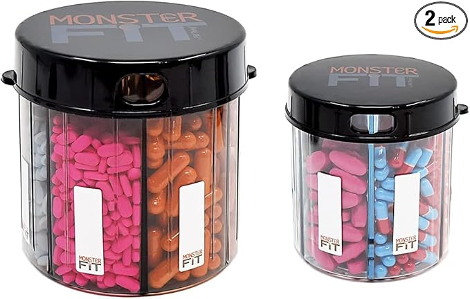 Monster & Monster Jr Supplement Medication Pill Dispensers 2 Pack with Labels, Extra Large and Small Pill Container Bottles Handle Almost Any Supplement, Easy to Dispense (Monster & Monster Jr.)
