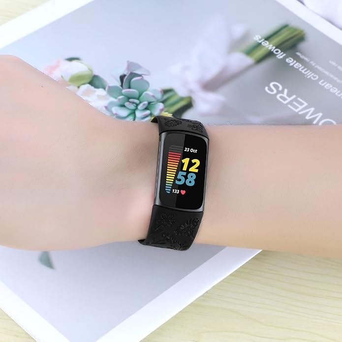 Flower Engraved Bands Compatible with Fitbit Charge 5 Band/Charge 6 Bands Women Cute Floral Engraving Soft Silicone Sport Strap Replacement Wristband for Fitbit Charge 5/6 Tracker Accessories