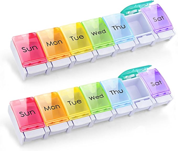 GOGOODA 2 Pack Weekly Pill Organizer Arthritis Friendly, Travel 7 Day Pill Holder Vitamin Container Organizer with Popup Open Design and Ample Space to Hold Vitamins, Fish Oil and Medication
