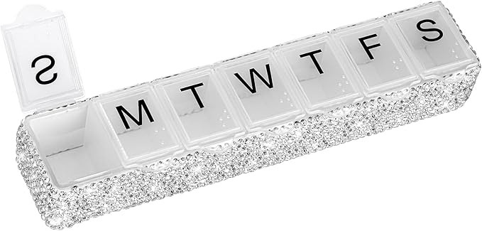 Soleebee Portable Weekly 7 Day Pill Organizer, Bling Crystal Pill Box Case, Travel Pill Planner, Pill Dispenser, Medicine Vitamin Container Organizer (Silver)