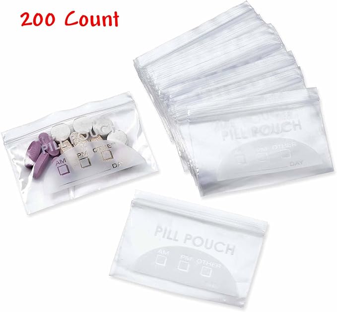200 Piece Resealable Zipper Locking Pill Pouches - Daily AM PM Travel Medicine Organizer, Clear Reusable Write-On Labels for Vitamins and Medications