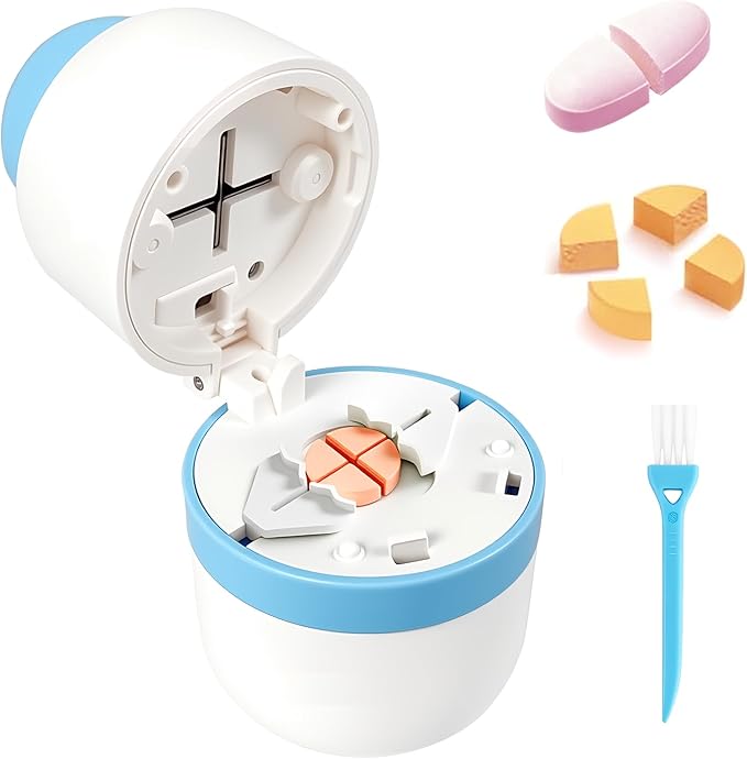 1/4 Pill Cutter with Storage, Professional 1/2 Pill Splitter for Small or Large Pills, Precise & Easy Stainless Steel Blade(Blue)