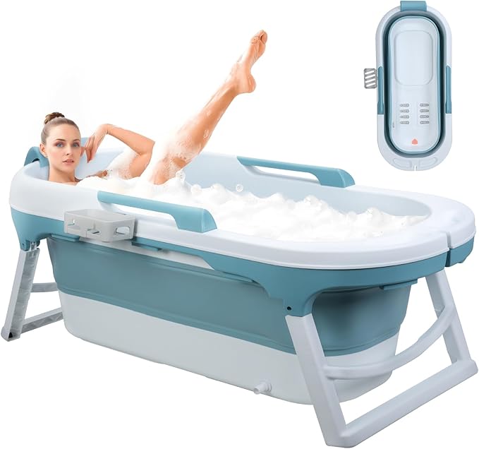 Portable Bathtub, 58/56/50/46 Inch Collapsible Bathtub, Freestanding Foldable for Adults, Folding Tub for Shower, Hot Bath, Ice Bath (Blue-B-140cm)